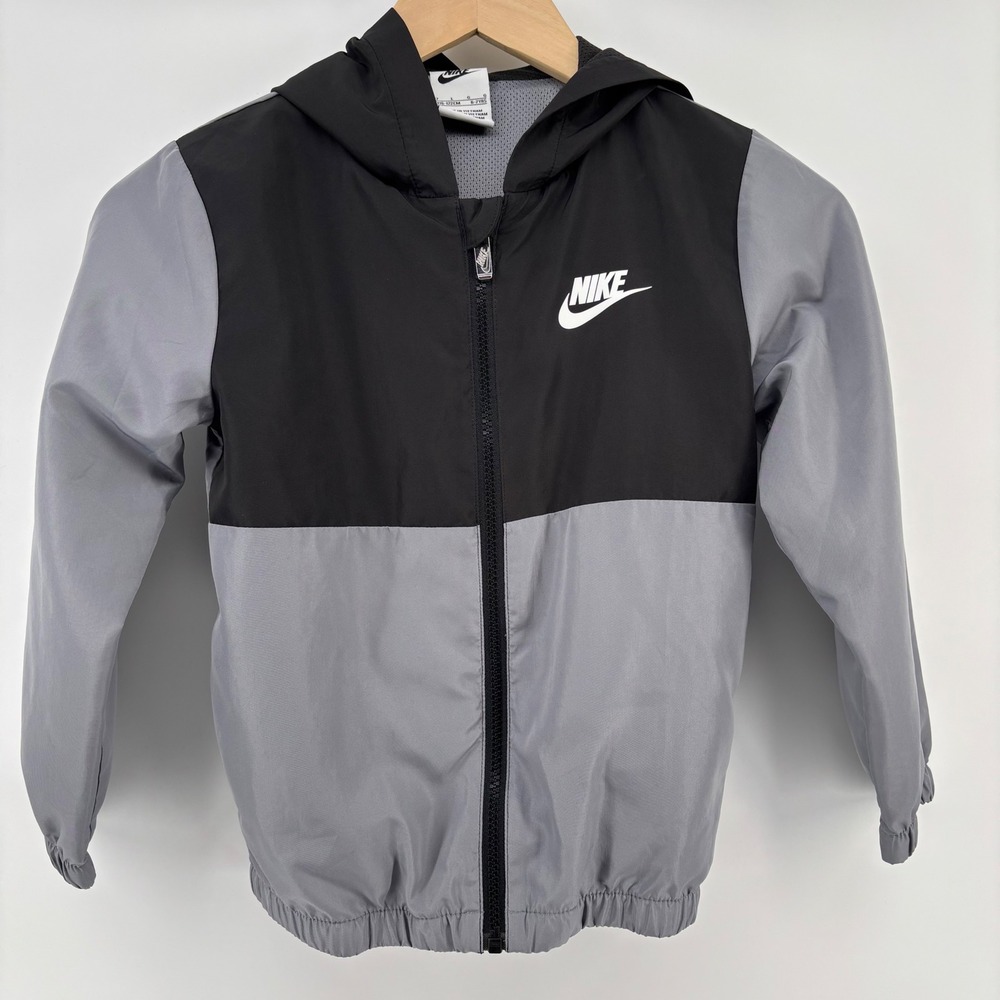 Nike Windbreaker Jacket Kids Size 7 Black Grey Excellent Dri-FIT Colorblock Zip
